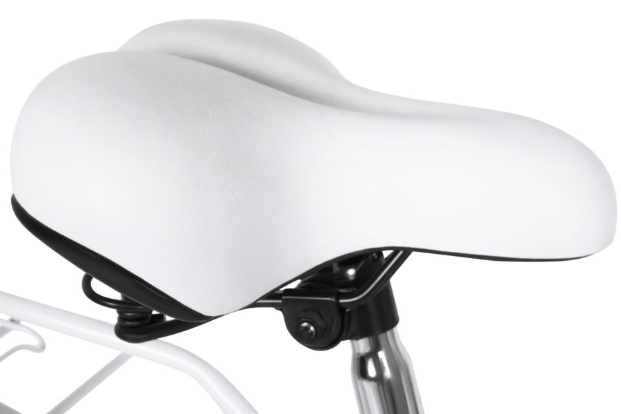 Șa de bicicletă albă, confortabilă și elegantă.