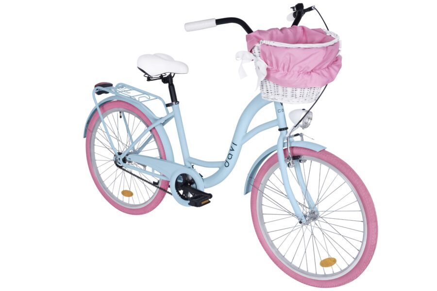 Bicicletă albastră cu roți roz și coș.