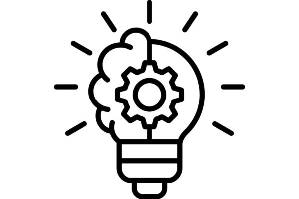 Idei și inovație: creier, bec și roată dințată.