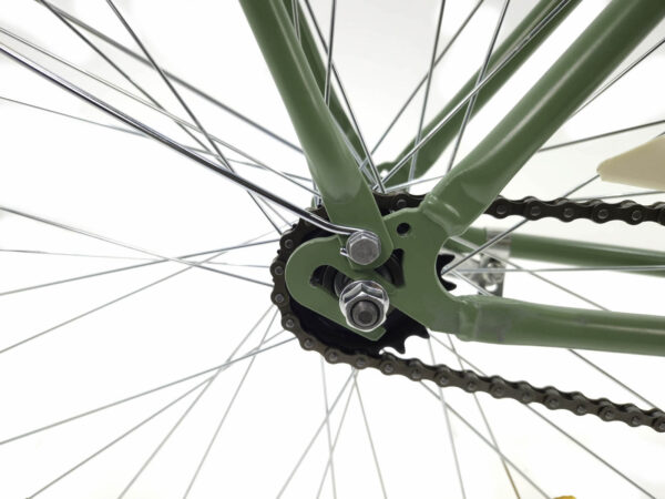 Lanț bicicletă verde și spițe metalice