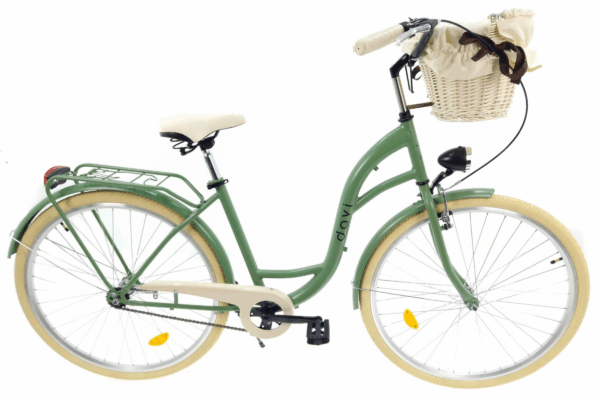 Bicicletă verde cu coș, design clasic, stil retro.
