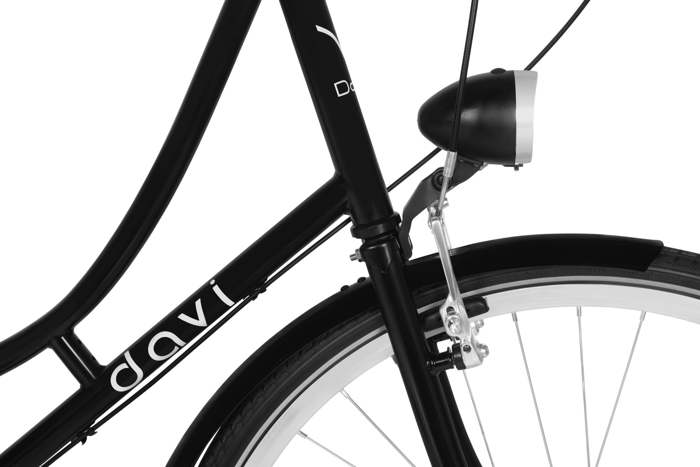 Cadru bicicletă neagră cu far și frână.