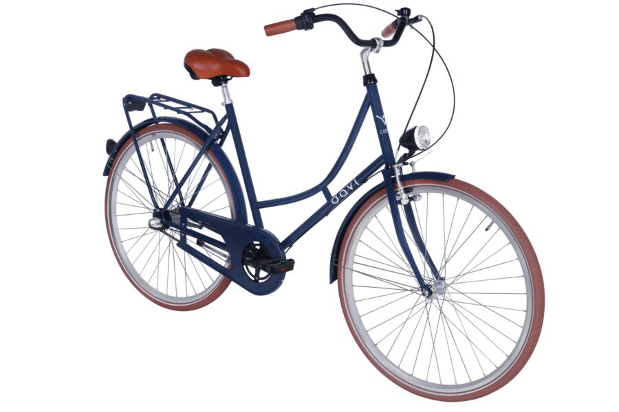 Bicicletă albastră cu șa și mânere maro.