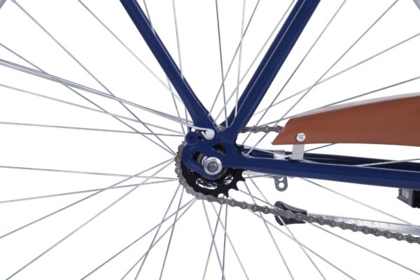 Detaliu lanț și spițe bicicletă albastră.