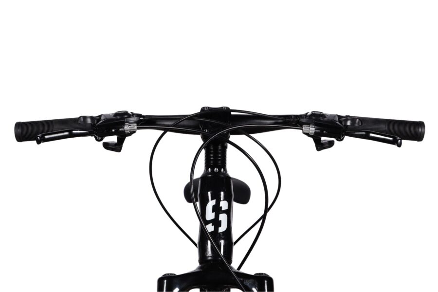 Mânerul unei biciclete montane prezentat din față.