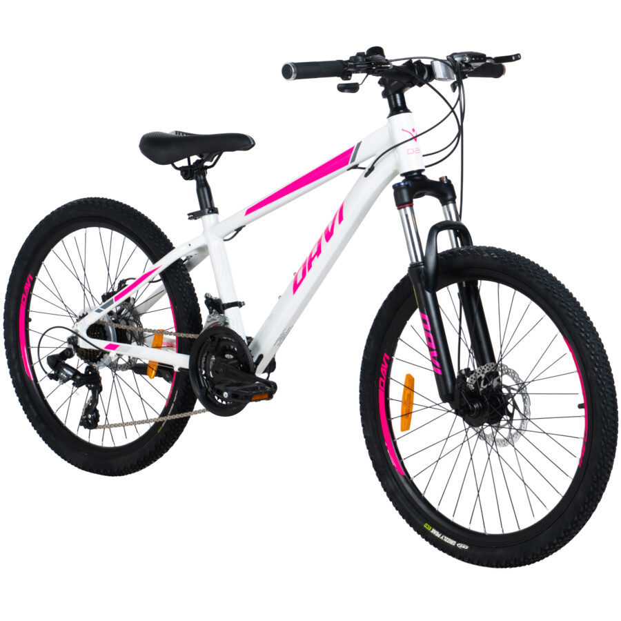 bicicleta copii davi bella aluminiu, 24", 130 160 cm, 21 viteze, alb/roz