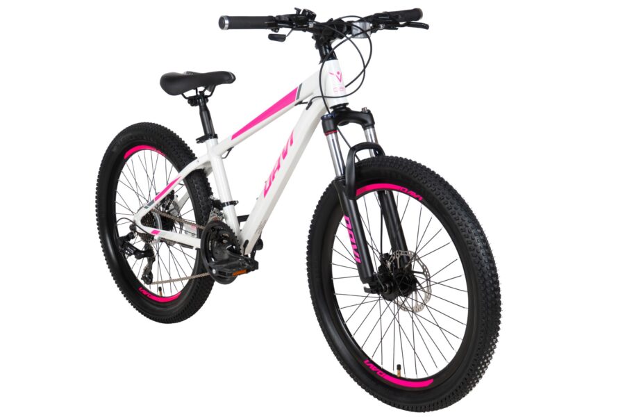 Bicicletă mountain bike albă cu detalii roz.