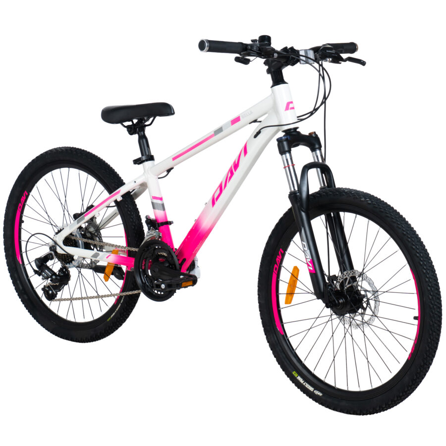 bicicleta copii davi bella aluminiu, 24", 130 160 cm, 21 viteze, roz/alb