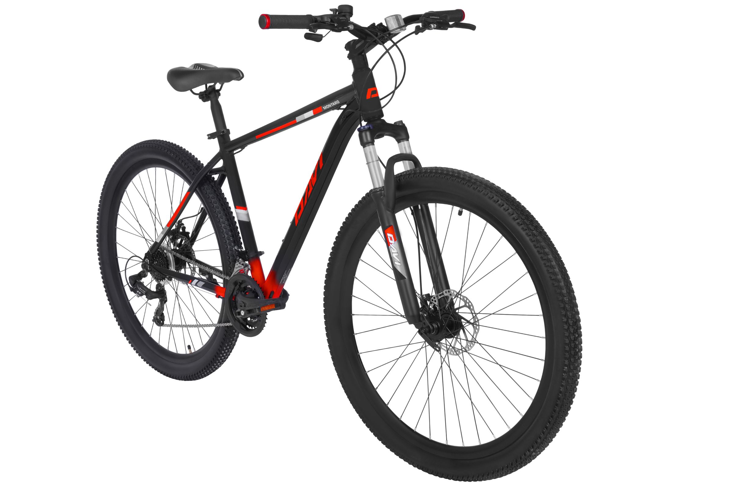 Bicicletă montană cu cadru negru și detalii roșii