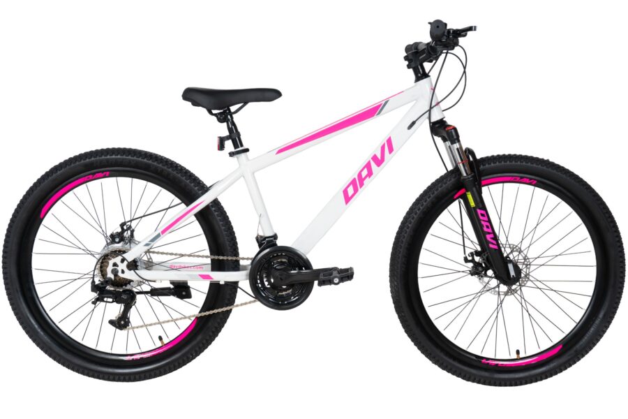 Bicicletă montană albă cu detalii roz