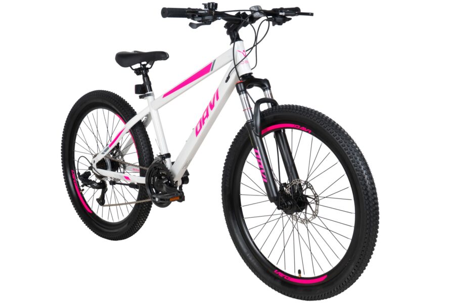 Bicicletă albă cu detalii roz, design modern.
