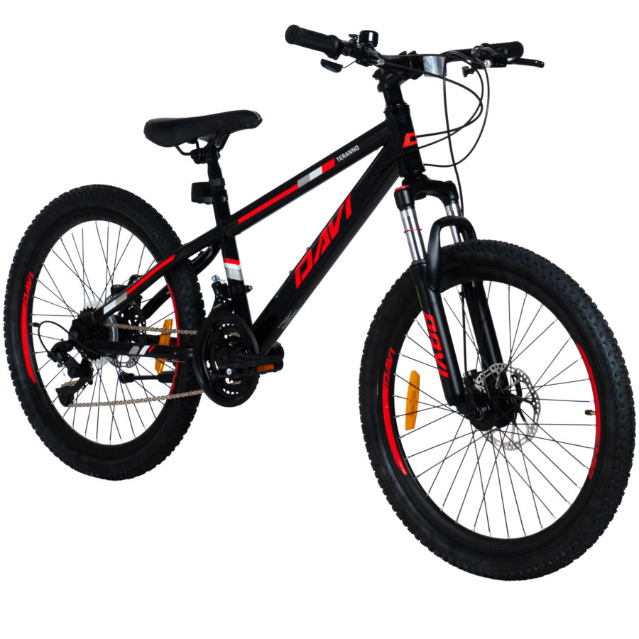 bicicleta copii mtb davi terrano 24", 130 160 cm, 21 viteze, negru/rosu
