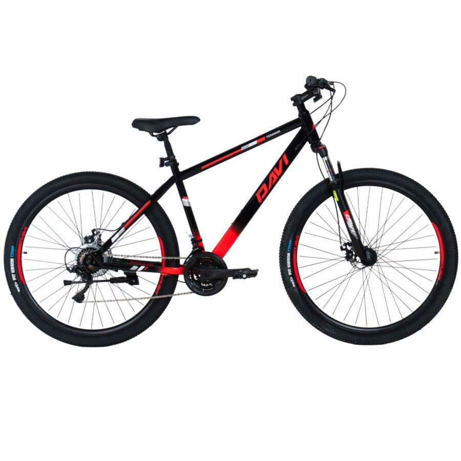 bicicleta mtb davi terrano 29", 170 195 cm, 21 viteze, negru/rosu