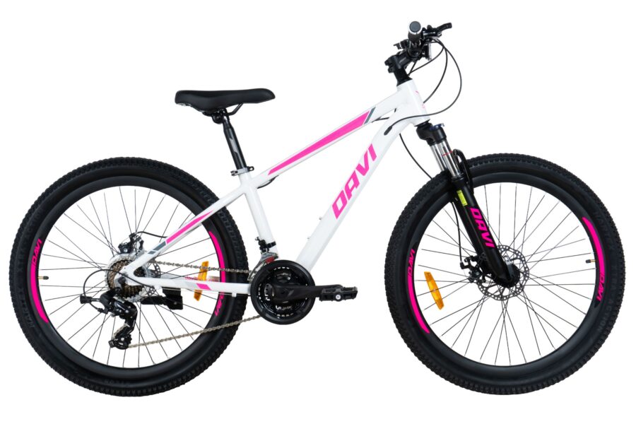 bicicleta mtb davi bella aluminiu, 26", 145 170 cm, 21 viteze, roz/alb