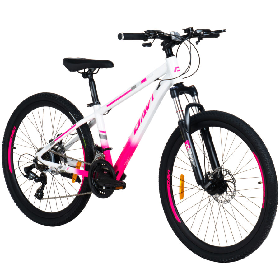 bicicleta mtb davi bella aluminiu, 26", 145 170 cm, 21 viteze, roz/alb