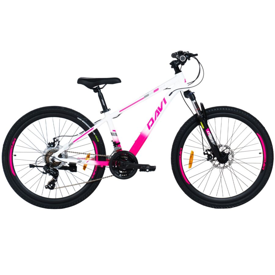 bicicleta mtb davi bella aluminiu, 26", 145 170 cm, 21 viteze, roz/alb