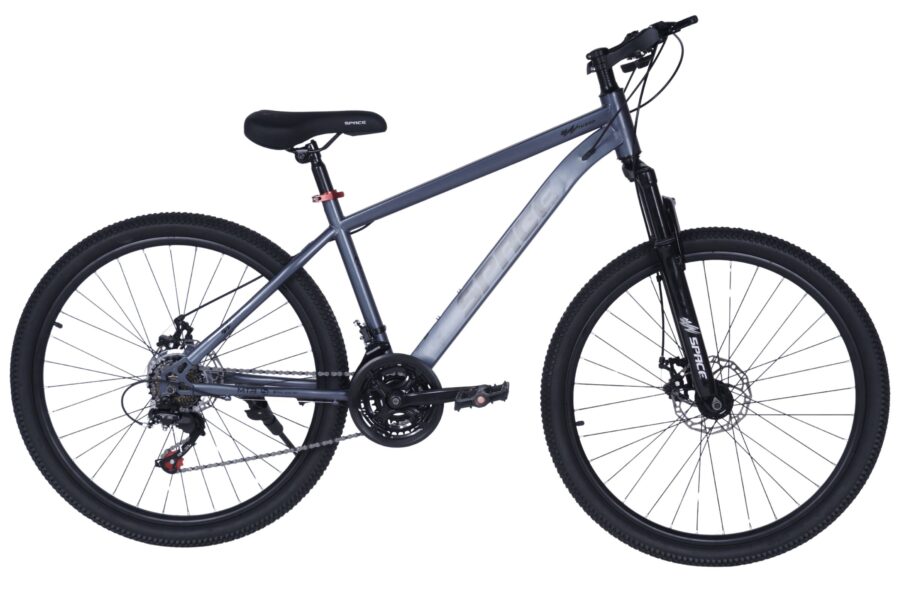Bicicletă mountain bike gri cu suspensie față