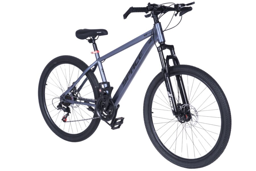 Bicicletă mountain bike gri cu suspensie față